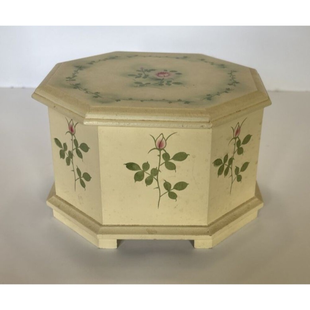 Vintage M I M Lador Inc. Octagonal Wooden Music Jewelry Box with Floral Motif
